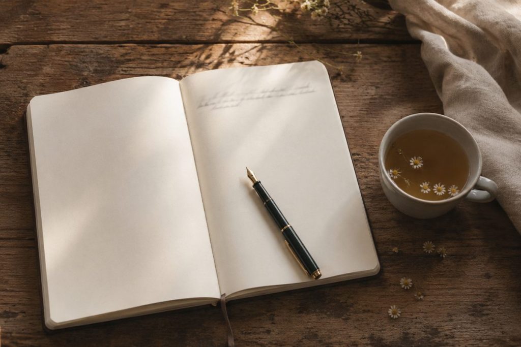 Caderno aberto com caneta e xicara de cha de camomila sobre mesa de madeira, simbolizando o mapeamento de padroes afetivos